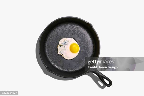 overhead view of fried egg on frying pan on white background - cast iron stock pictures, royalty-free photos & images