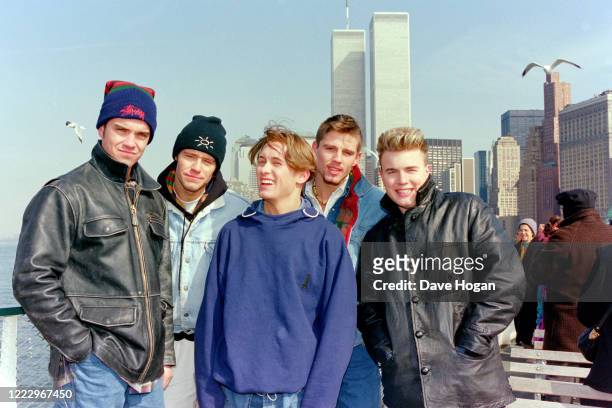 Mark Owen, Howard Donald, Gary Barlow, Robbie Williams and Jason Orange of Take That in New York 1995