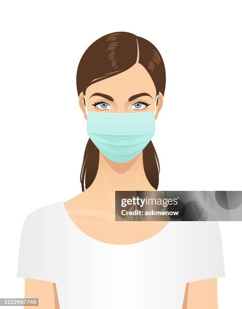 frau in einer chirurgischen maske - pferdeschwanz stock-grafiken, -clipart, -cartoons und -symbole