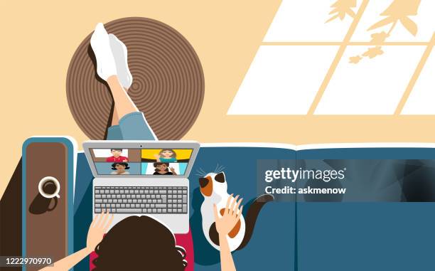 video conference at home - cat laptop stock illustrations