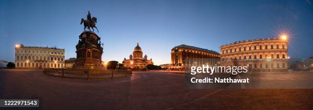 panoramic view of nicholas i monument and st. isaac's cathedral, st. petersburg, russia - st petersburg russia stock pictures, royalty-free photos & images