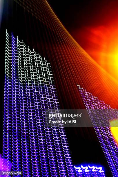 city lights, purple electric light effects on the cantilever spar cable-stayed bridge, chords bridge abstract - cantilever spar cable stayed bridge bildbanksfoton och bilder