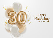 Happy 30th birthday gold foil balloon greeting background.