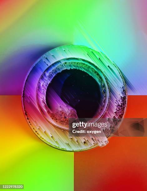 the top view of abstract cup of coffee on the bright background. flatlay, cheerful day concept. toned neon image - fluorescente fotografías e imágenes de stock
