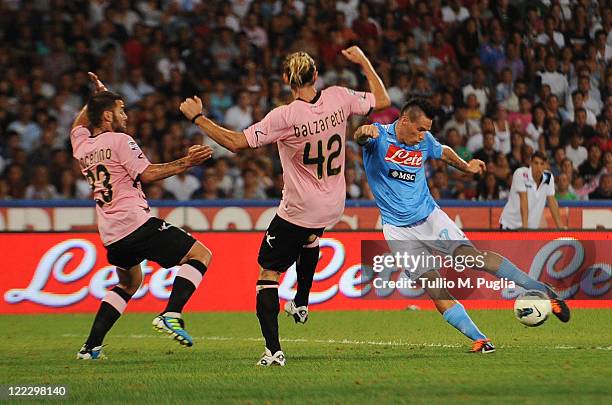 Marek Hamsik of Napoli scores the opening goal during the pre season friendly match between SSC Napoli and US Citta di Palermo at Stadio San Paolo on...