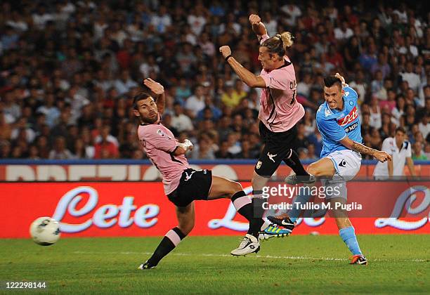 Marek Hamsik of Napoli scores the opening goal during the pre season friendly match between SSC Napoli and US Citta di Palermo at Stadio San Paolo on...