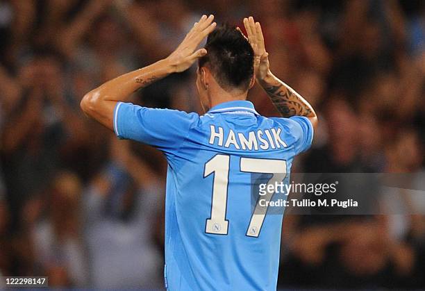 Marek Hamsik of Napoli celebrates after scoring the opening goal during the pre season friendly match between SSC Napoli and US Citta di Palermo at...