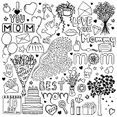 Hand drawn Mother`s day doodle set. Love you Mommy, best mom. Woman, bird, flower, heart, cake, present, envelope, bouquet, tree, calendar, lipstick, perfume, bag, ring, plant, mirror, lips, stemware