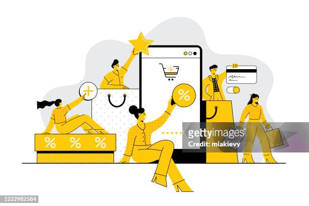 illustrazioni stock, clip art, cartoni animati e icone di tendenza di concetto di shopping online per le persone - vendita al dettaglio