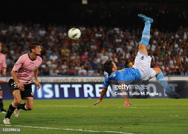 Christian Maggio of Napoli scores his team's second goal during the pre season friendly match between SSC Napoli and US Citta di Palermo at Stadio...