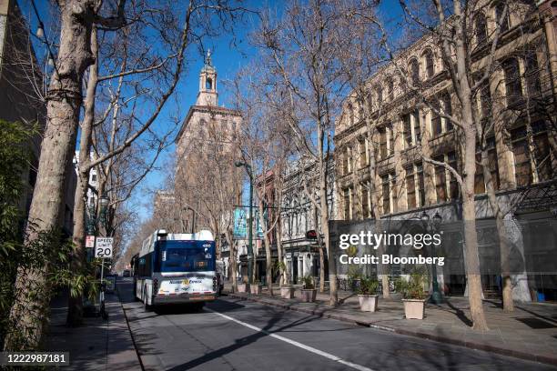 Santa Clara Valley Transportation Authority lbus travels on First Street in downtown San Jose, California, U.S., on Monday, Feb. 10, 2020. Real...