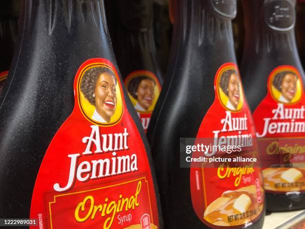 June 2020, US, New York: Syrup bottles from "Aunt Jemima" are in a supermarket. US food giant Pepsi is giving its 130-year-old "Aunt Jemima" brand a...