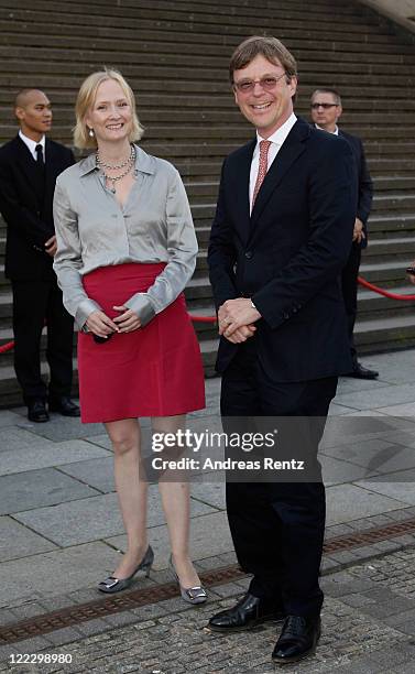 Prince Stephan Leopold zur Lippe and wife Countess Maria zu Solms-Laubach arrive for a charity concert at the Gendarmenmarkt concert hall on August...