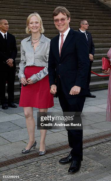 Prince Stephan Leopold zur Lippe and wife Countess Maria zu Solms-Laubach arrive for a charity concert at the Gendarmenmarkt concert hall on August...