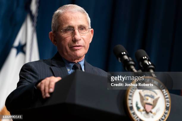 Director of the National Institute of Allergy and Infectious Diseases Anthony Fauci speaks after a White House Coronavirus Task Force briefing at the...