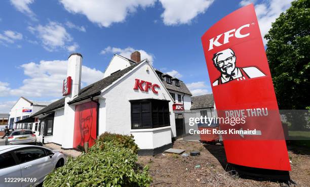 General view of the drive through section of the KFC restaurant which opened today on Narborough Road, Leicester on May 05, 2020 in Leicester,...