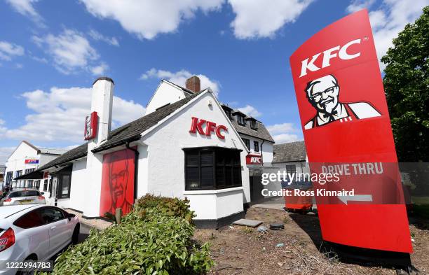 General view of the drive through section of the KFC restaurant which opened today on Narborough Road, Leicester on May 05, 2020 in Leicester,...