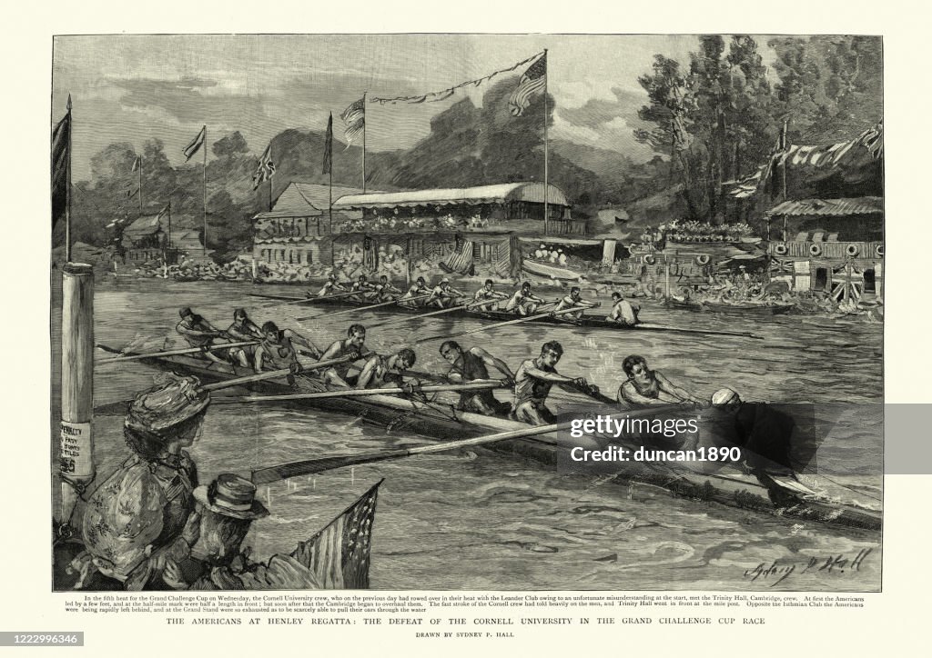 Coxed eight rowing race between Cornell and Cambridge Universities, 1895