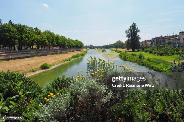 view of torrente parma river from ponte di mezzo bridge - parma italy stock pictures, royalty-free photos & images