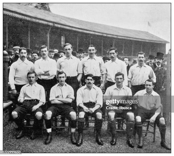 antique black and white photograph of sport, athletes and leisure activities in the 19th century - football team stock illustrations