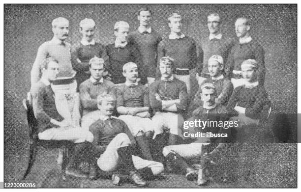 antique black and white photograph of sport, athletes and leisure activities in the 19th century 1885 - rugby team stock illustrations