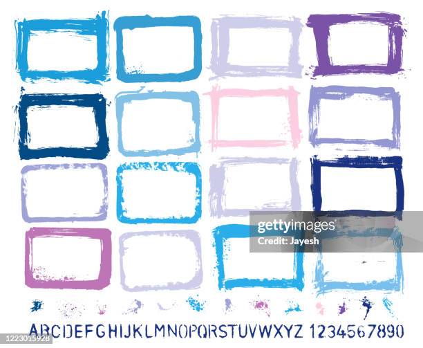 graphic design essentials: grunge textures, hand - painted borders, paint splashes, brush strokes, homemade painted stencil alphabets. high resolution .jpegs & grouped elements vector file included - mood board stock illustrations