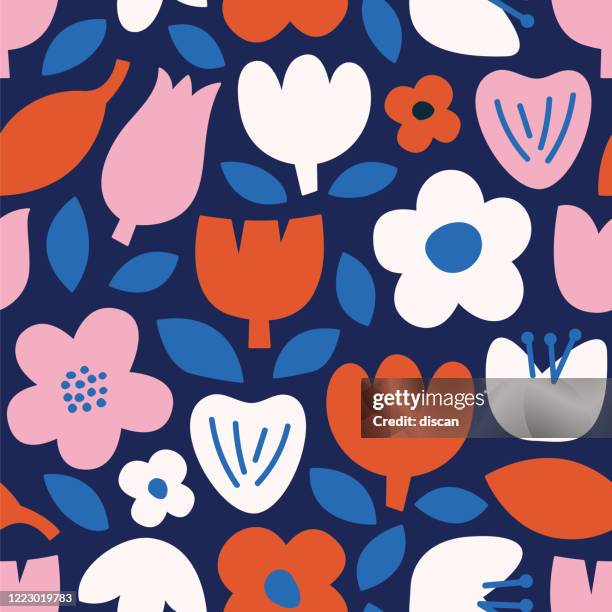 modern abstract natural floral seamless pattern. scandinavian cutout style. contemporary aesthetic art for fabric or wrapping paper, wall art, social media post, packaging. - spring flowers stock illustrations