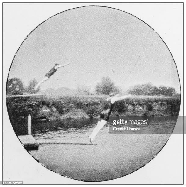 antique black and white photograph of sport, athletes and leisure activities in the 19th century: diving on the wey - trampoline stock illustrations
