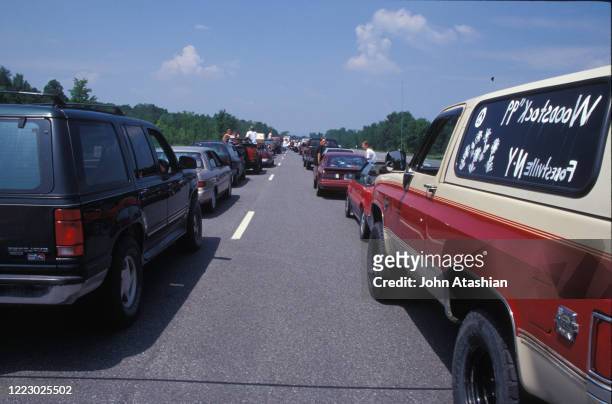 Cars are shown stopped in a traffic jam while trying to get to Woodstock 99 in Rome, New York on July 24, 1999.