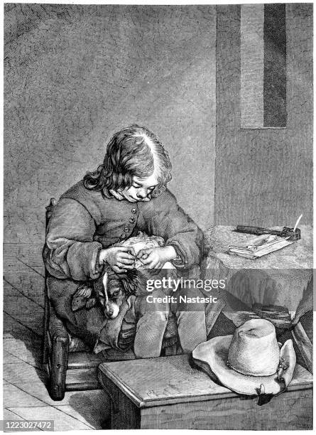 cleaning dog from flea - working cocker spaniel stock illustrations