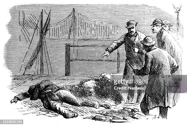 victorian men finding a dead body - killing stock illustrations
