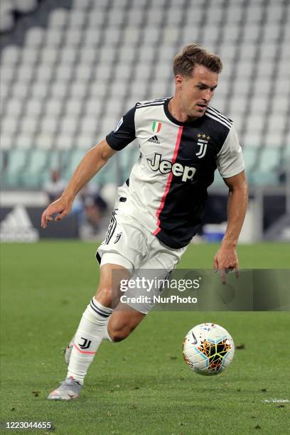 Aaron Ramsey of Juventus in action during the Serie A match between Juventus and US Lecce at Allianz Stadium on June 26, 2020 in Turin, Italy.