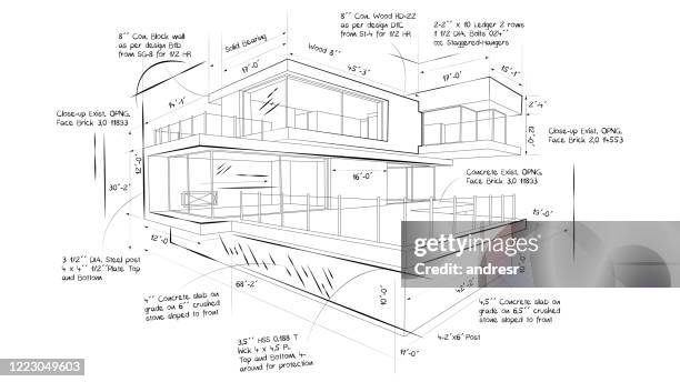 illustration of the blueprint of a beautiful modern house - architect sketching stock illustrations