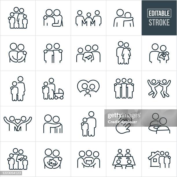 ilustraciones, imágenes clip art, dibujos animados e iconos de stock de iconos de línea delgada de familia y relaciones - trazo editable - couple holding hands