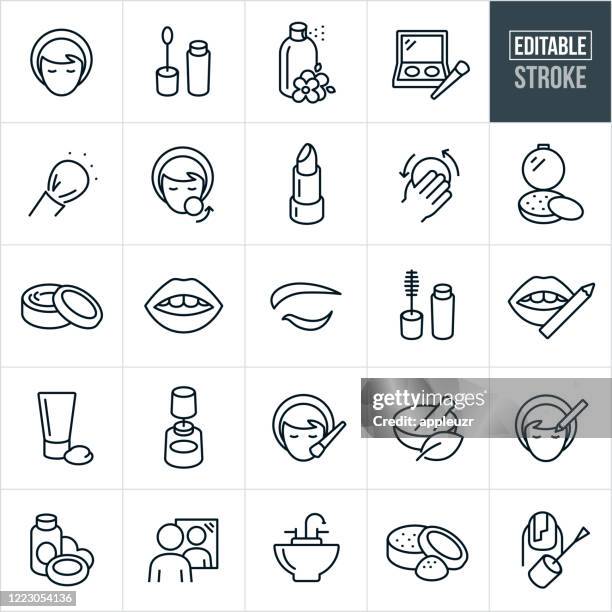 ilustraciones, imágenes clip art, dibujos animados e iconos de stock de iconos de línea fina de cosméticos - trazo editable - beauty