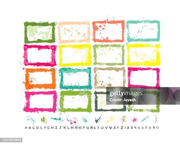 graphic design essentials : painted page borders with real scanned-in textures, brush strokes , paint drops & stencil alphabet sets. a high resolution jpeg and a grouped vector file is included. - graffiti artist stock illustrations