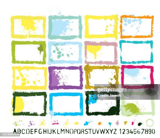 graphic design essentials : painted page borders with real scanned-in textures, brush strokes , paint drops & stencil alphabet sets. a high resolution jpeg and a grouped vector file is included. - mood board stock illustrations