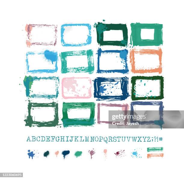 graphic design essentials : painted page borders with real scanned-in textures, brush strokes , paint drops & stencil alphabet sets. a high resolution jpeg and a grouped vector file is included. - typewriter keys stock illustrations