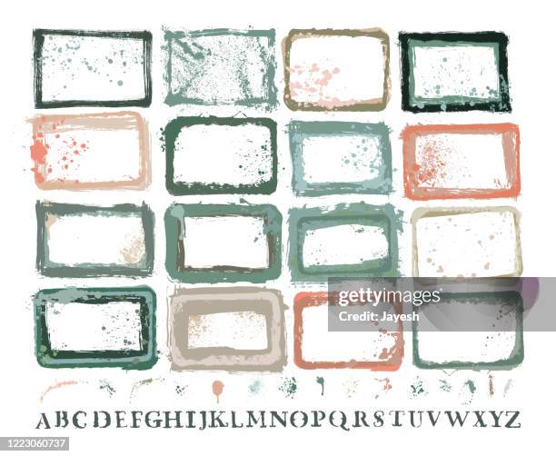 graphic design essentials : painted page borders with real scanned-in textures, brush strokes , paint drops & stencil alphabet sets. a high resolution jpeg and a grouped vector file is included. - poem stock illustrations