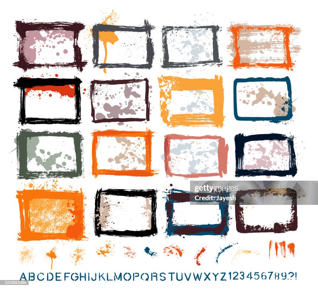 Graphic Design Essentials : Painted Page Borders with Real Scanned-In Textures, Brush Strokes , Paint Drops & Stencil Alphabet Sets. A High Resolution JPEG and a Grouped Vector File is included.