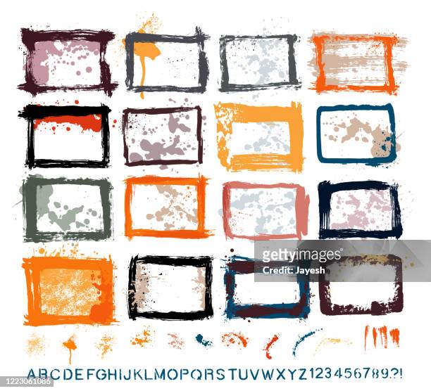 graphic design essentials : painted page borders with real scanned-in textures, brush strokes , paint drops & stencil alphabet sets. a high resolution jpeg and a grouped vector file is included. - storyboard stock illustrations