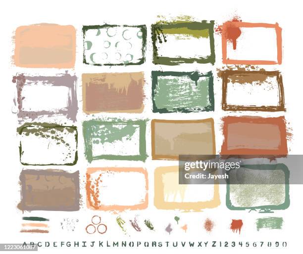 graphic design essentials : painted page borders with real scanned-in textures, brush strokes , paint drops & stencil alphabet sets. a high resolution jpeg and a grouped vector file is included. - spray paint font stock illustrations