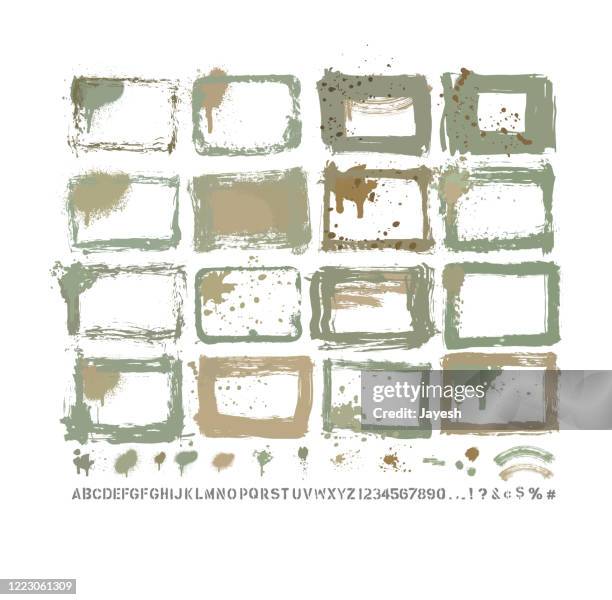 graphic design essentials : painted page borders with real scanned-in textures, brush strokes , paint drops & stencil alphabet sets. a high resolution jpeg and a grouped vector file is included. - mood board stock illustrations