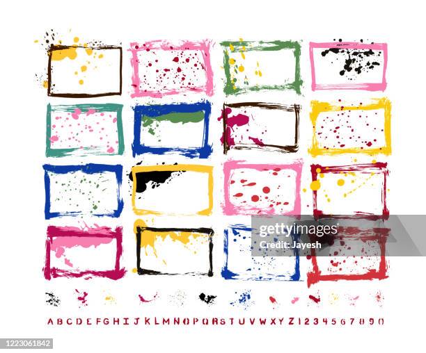 graphic design essentials : painted page borders with real scanned-in textures, brush strokes , paint drops & stencil alphabet sets. a high resolution jpeg and a grouped vector file is included. - holi stock illustrations