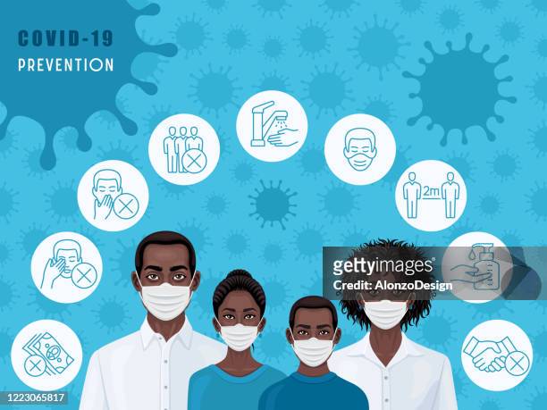afroamerikanische familie trägt medizinische gesichtsmasken. covid-19 prävention. - female surgeon mask stock-grafiken, -clipart, -cartoons und -symbole