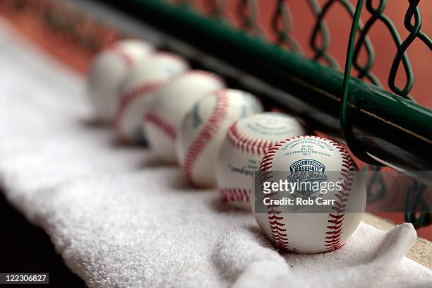 Baseballs sit on the ledge of the field before the start of the U.S. Championsip game of the 2011 Little League World Series between the West team...