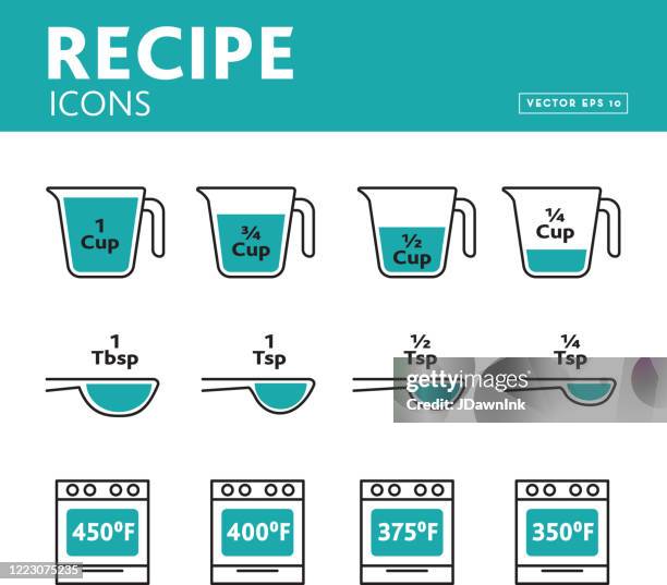 ilustraciones, imágenes clip art, dibujos animados e iconos de stock de conjunto de iconos de medición de recetas - instrumento de medida