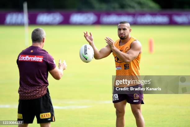 Jamil Hopoate passes the ball during a Brisbane Broncos NRL training session at the Clive Berghofer Centre on May 06, 2020 in Brisbane, Australia.