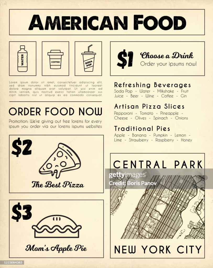 American fast food restaurant menu template on retro textured paper background