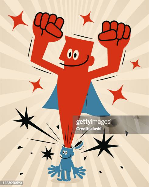 superman coming out of a blue man’s open head - breaking and exiting stock illustrations